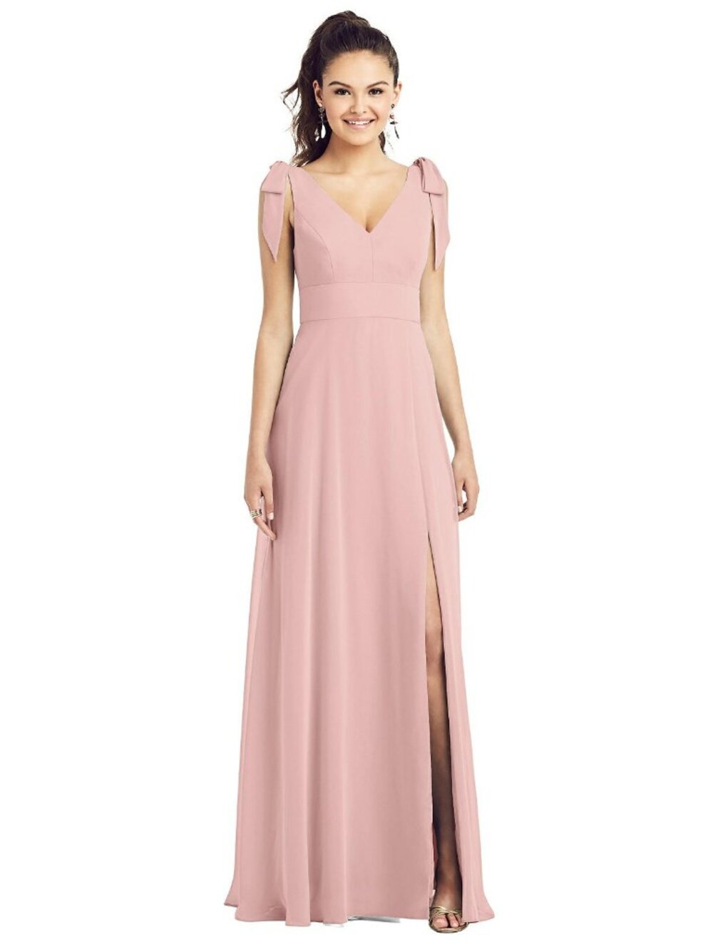 Bow-Shoulder V-Back Chiffon Gown with Front Slit...TH018...Rose...Size 16 LONG